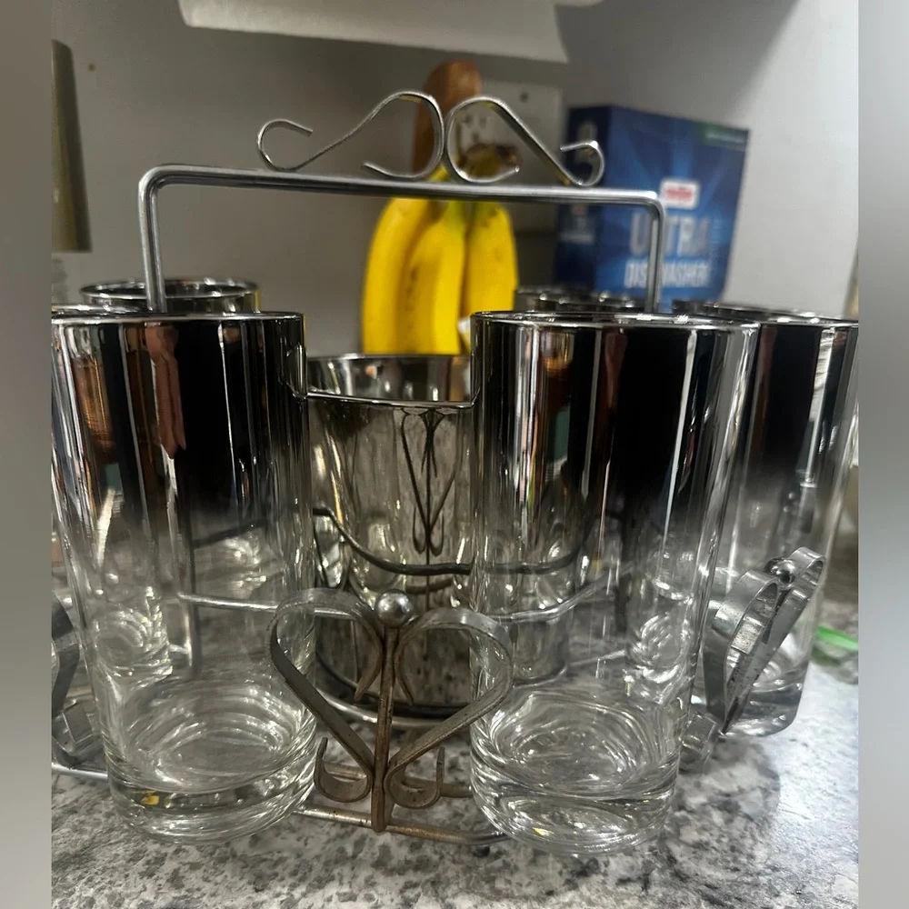 Mid-Century Silver Fade Glassware‎ Set with Caddy & Ice Bucket | 7 Glasses |